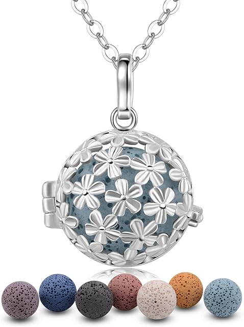 EUDORA Harmony Ball Aromatherapy Necklace Essential Oil Diffuser Pendant with 7PCS Lava Stone Beads for Women Girls Nice Gift Jewellery, 24 inches