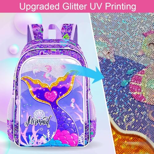 Image of 3Pcs Mermaid Backpack for Girls, 16 inch School Bookbag Set with Lunch Box,Kids Backpacks for Elementary Preschool Kindergarten (Purple)
