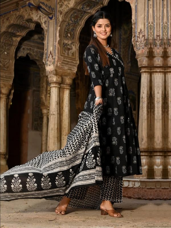 Pinkmint Women Cotton Blend Indigo Printed Printed Kurta With Pant & Dupatta