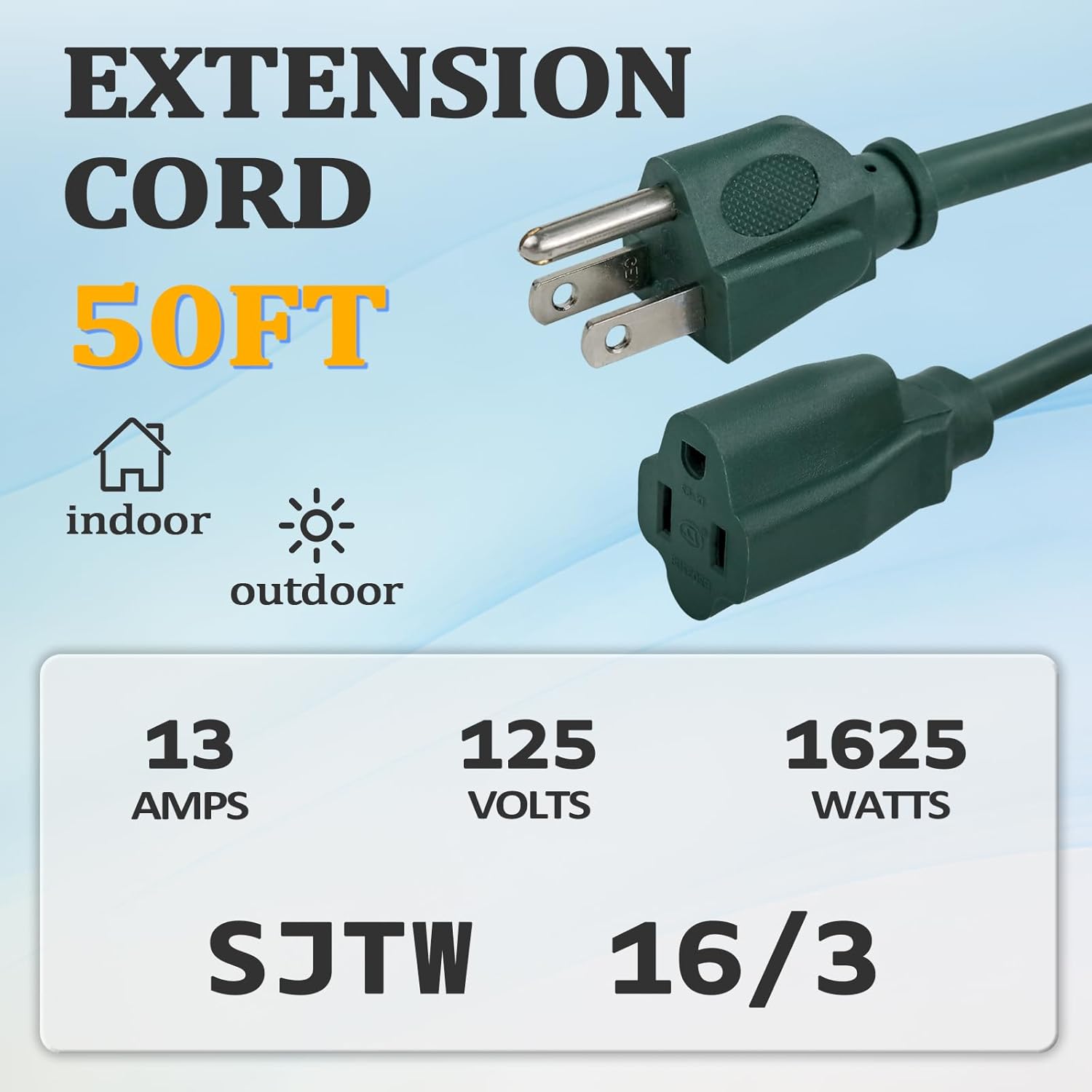50 Ft Indoor Outdoor Green Extension Cord, 16 Gauge Waterproof Electrical Power Cable, 16/3 SJTW 3 Prong Grounded Plug, 13A 1625W, UL Listed