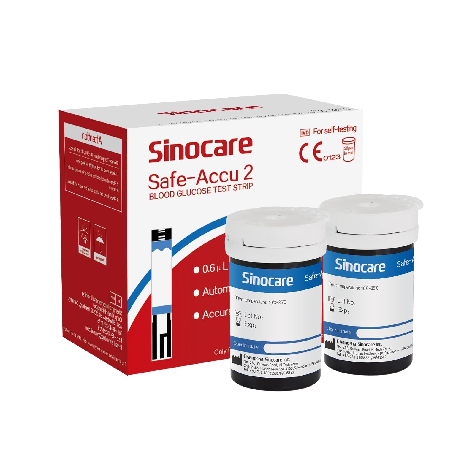 sinocare Tiras Glucosa sin Lancetas, 50 x Tiras de Prueba de Glucosa solo para sinocare SAFE-accu2