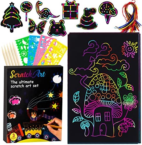 Scratch Paper Artwork for Youngsters, Magic Rainbow Scratch Paper Artwork Set with Scratch Artwork Ornaments Scratch Crafts Arts Provides Kits for Occasion Video games Birthday Present, Toddler Preschool Toy for 3-10 Age Youngsters