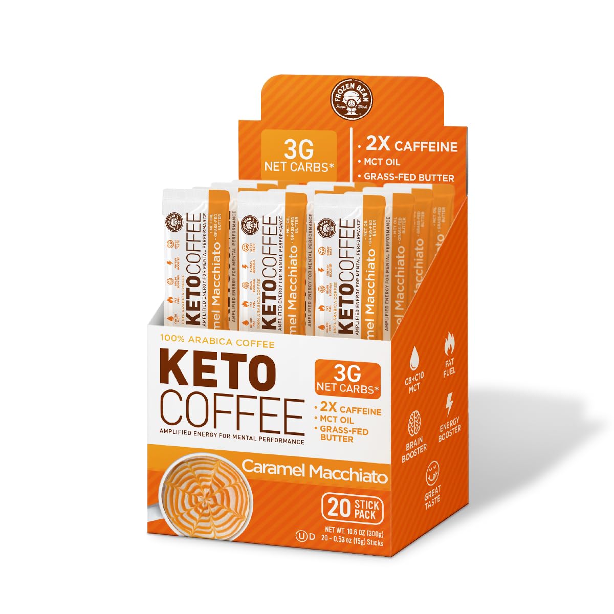 The Frozen Bean - Caramel Macchiato Keto Instant Coffee Mix with Low Sugar, MCT Oils, Improves Focus and Energy, and Increase Metabolism - 20 Single Serve Sticks