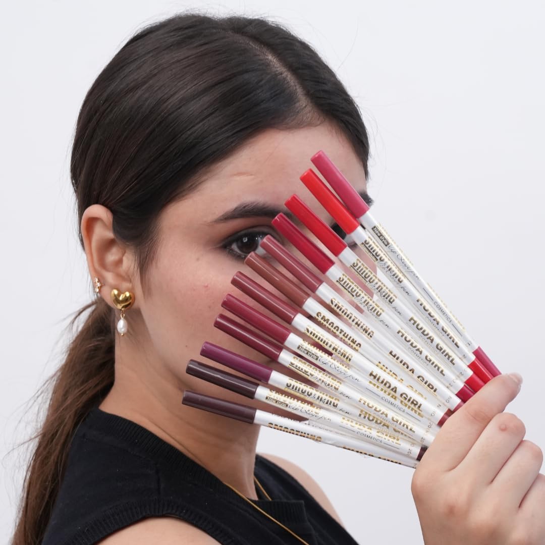 HUDA GIRL Status Smoothing Hot Lip Liner Pencil Set Collection, 12 Lipliner Pencil Waterproof Shades In Nude, Brown, Pink And Red For Defining, Contouring And All Day Glam Color