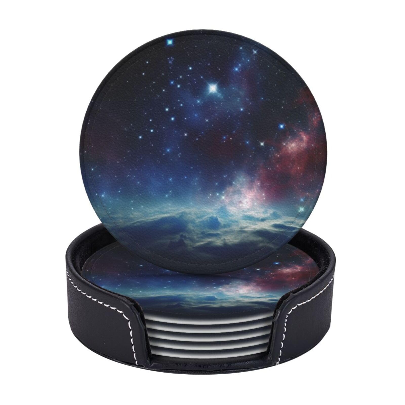 6PCS Drink Coasters with Holder, 4" Leather Coasters for Drinks, Night Sky Outer Space Cup Coasters for Coffee Table Decor, Non-Slip Drinking Cup Mat for Hot or Cold Drink