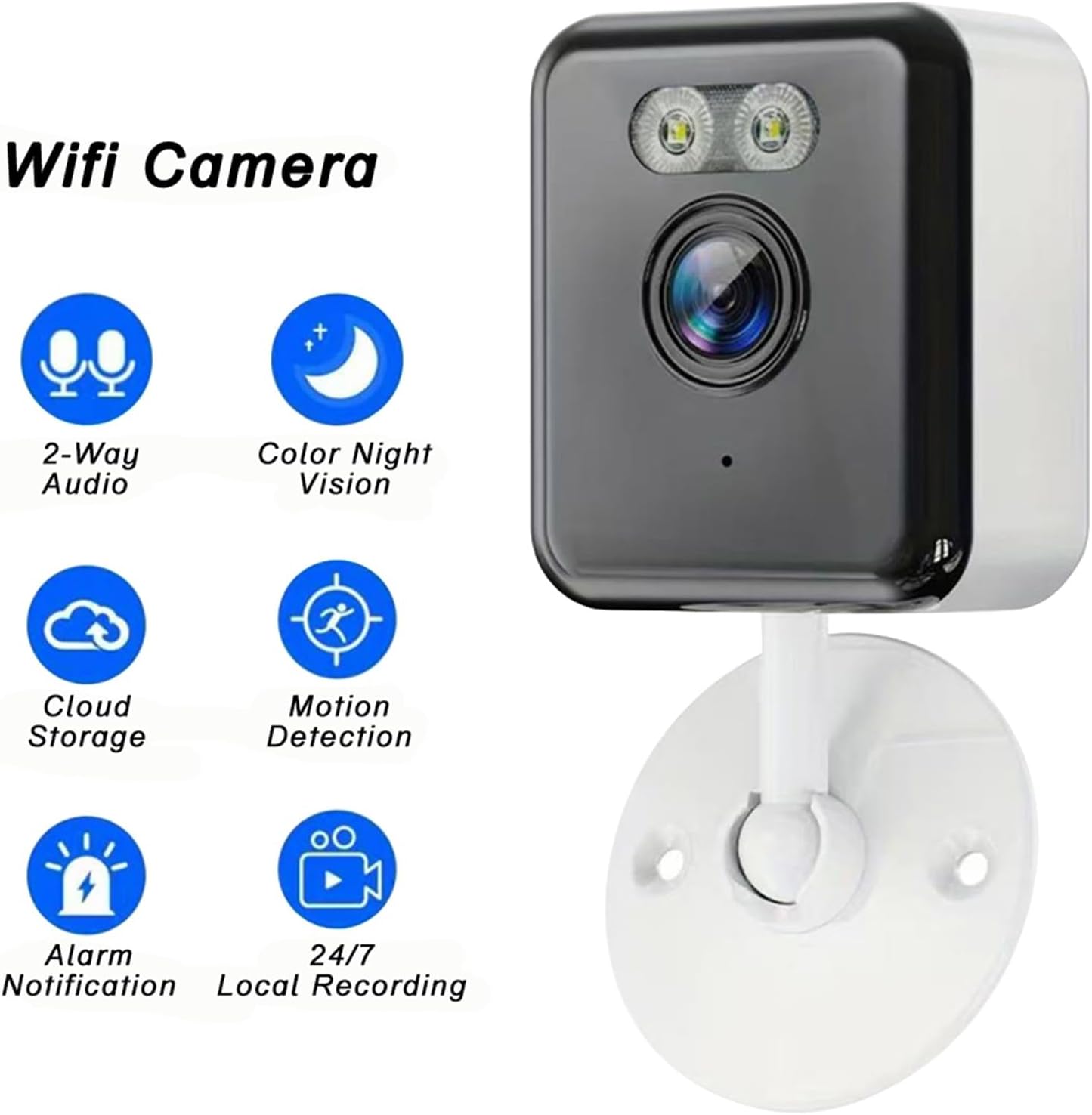 SXBCyan WiFi Camera features including 2-Way Audio, Color Night Vision, Cloud Storage, Motion Detection, Alarm Notification, 24/7 Local Recording