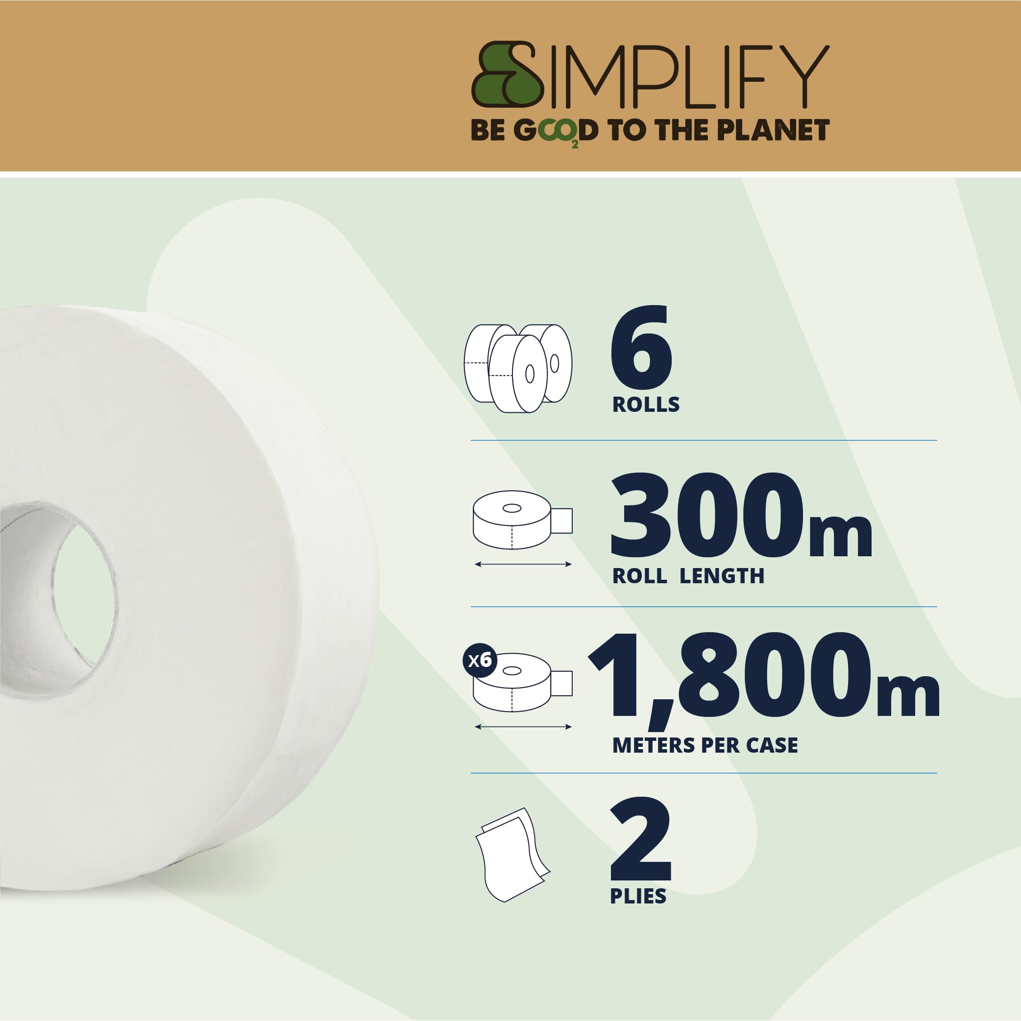 Papernet Simplify – Papel higiénico Maxi Jumbo Carbon Neutral 420293, 6 Maxi rollos de papel de celulosa pura de 300 m cada uno, 2 capas, 7.830 Servicios de 8,6 x 23 cm