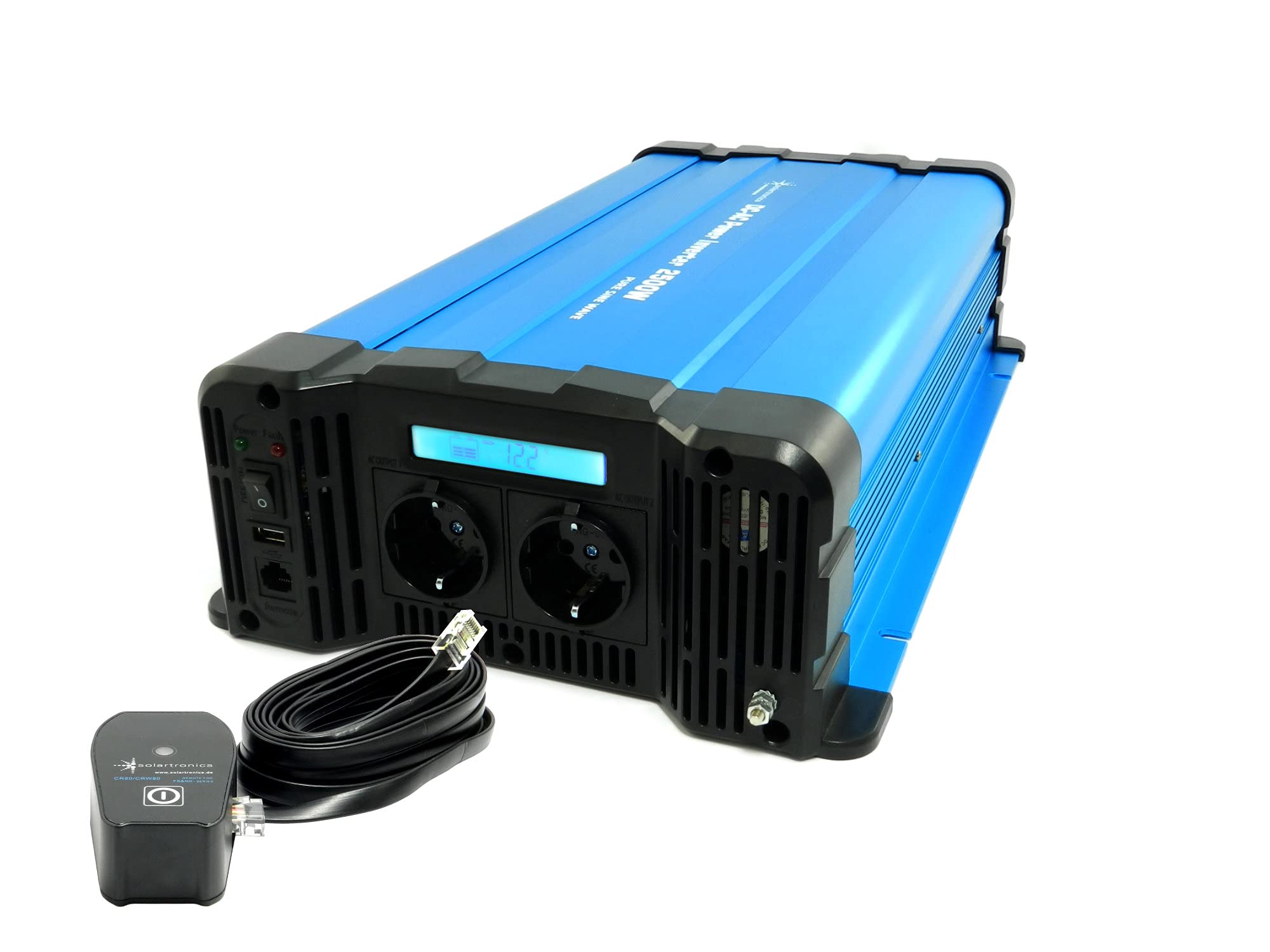 Solartronics Convertisseur de Tension FS2500D 12V 2500 Watt avec Affichage - Onduleur 12v sur 230v - Pure Sinus - LiFePO4 / Lithium, Gel Plomb Ou AGM Batterie Compatible - USB - avec Télécommande