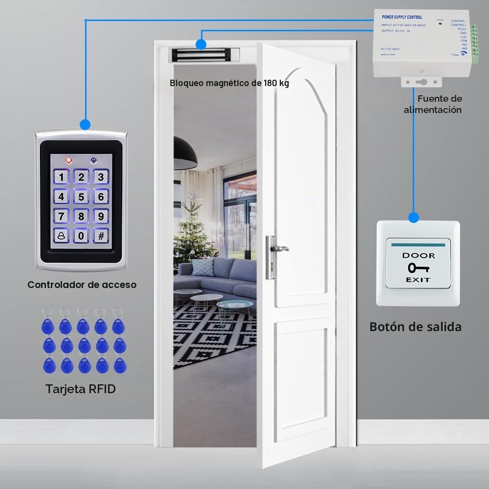 Kit completo de control de acceso | Sistema de seguridad con cerradura magnética eléctrica | Entrada de teclado de proximidad con control remoto de proximidad RFID x15 | Control de acceso