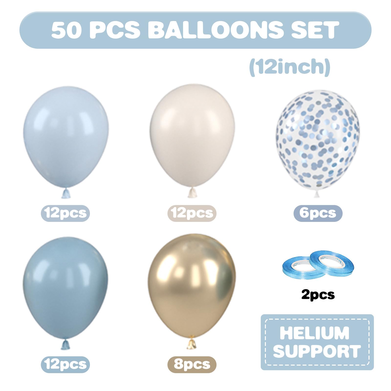 Staubige blaue und goldene Luftballons, 30,5 cm großer blauer goldener Ballon, metallischer Gold-Retro-Nebel-Blau-Weiß-Konfetti-Ballon, Latex-Ballon für Hochzeit, Babyparty