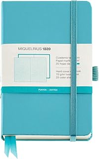 Miquelrius - Cuaderno de notas, Cubierta rígida símil piel vinílica resistente, Cierre con goma, Tamaño 90 x 140 mm, 96 Hojas de 80 g/m², Rayado cuadrícula de 5 x 5 mm, Color azul