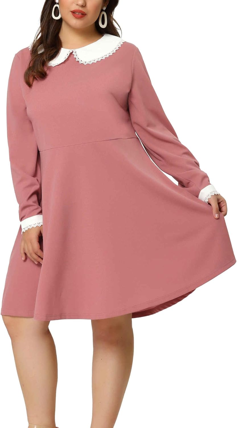 Agnes Orinda Plus Size Dresses for Women Long Sleeve Doll Collars Peter Pan Collar A-line Flare Midi Dress