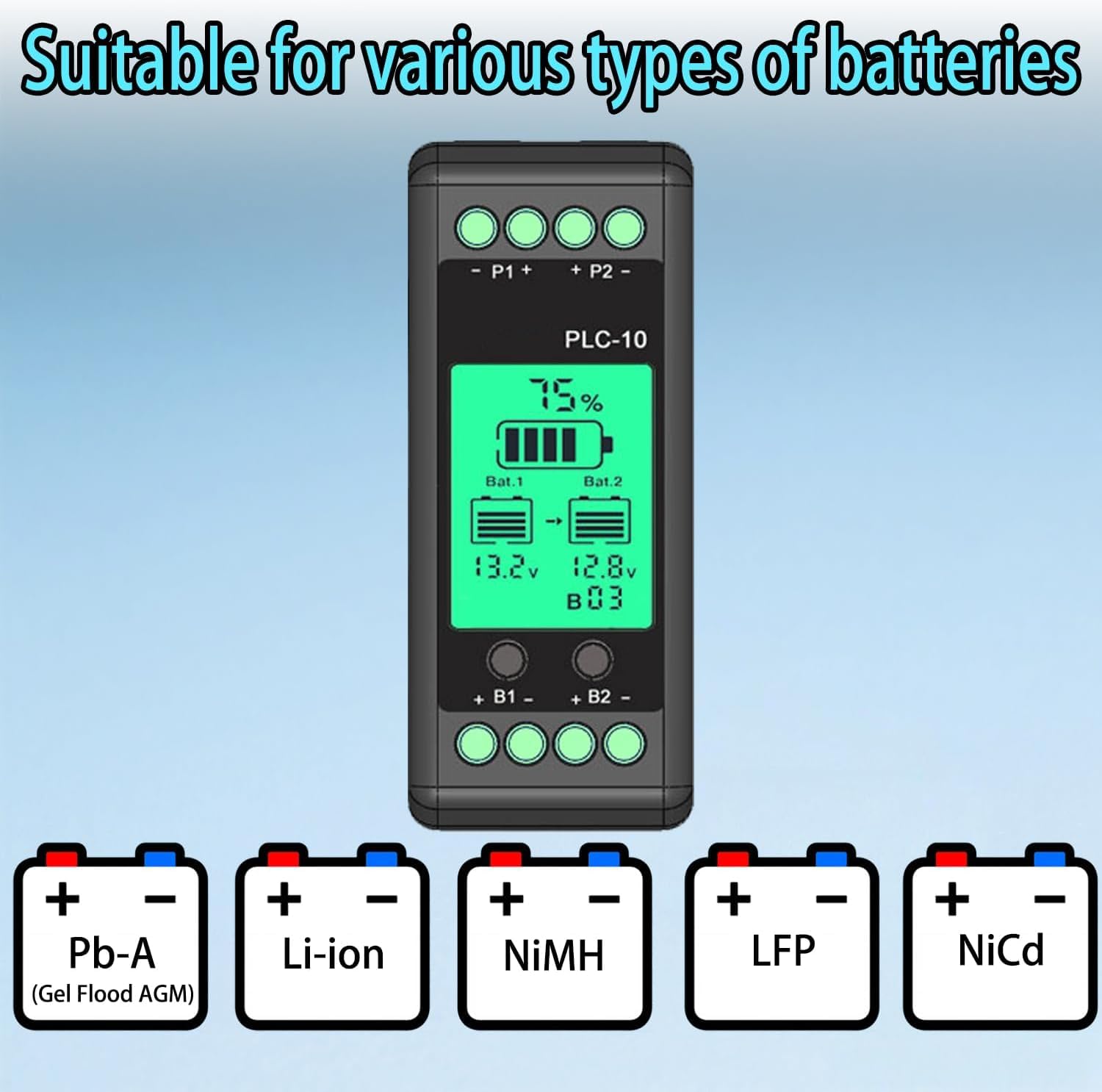Equalizzatore batteria al piombo acido 12V, bilanciatore attivo 10A Lipo/Lifepo4 collegato in serie parallela misuratore LCD per 24/36/48V/96V, equalizzatore batteria PLC-10 batterie interruttore