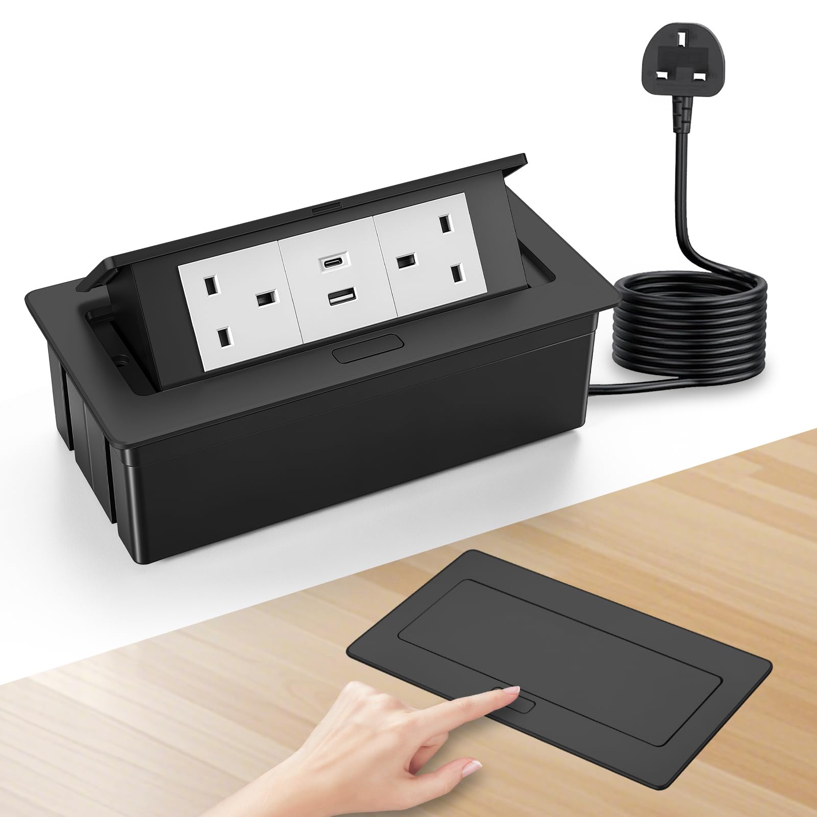 Desktop Power Socket with USB-C & USB-A, Pop Up Recessed Desk Socket with 1.5M Extension Cable, Aluminium Hidden Power Outlet with 2 UK Plugs for Kitchen Worktop Office Desk (Black) — image 1