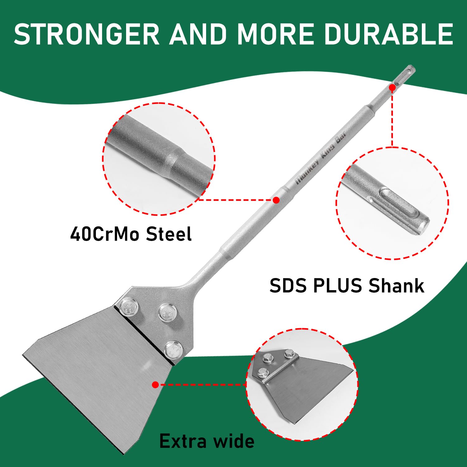 Monkey King Bar SDS Plus, raschietto per pavimenti, 435 x 130 mm, extra temprato, per rimuovere adesivi per pavimenti in calcestruzzo, piastrelle, funziona con martello SDS Plus.