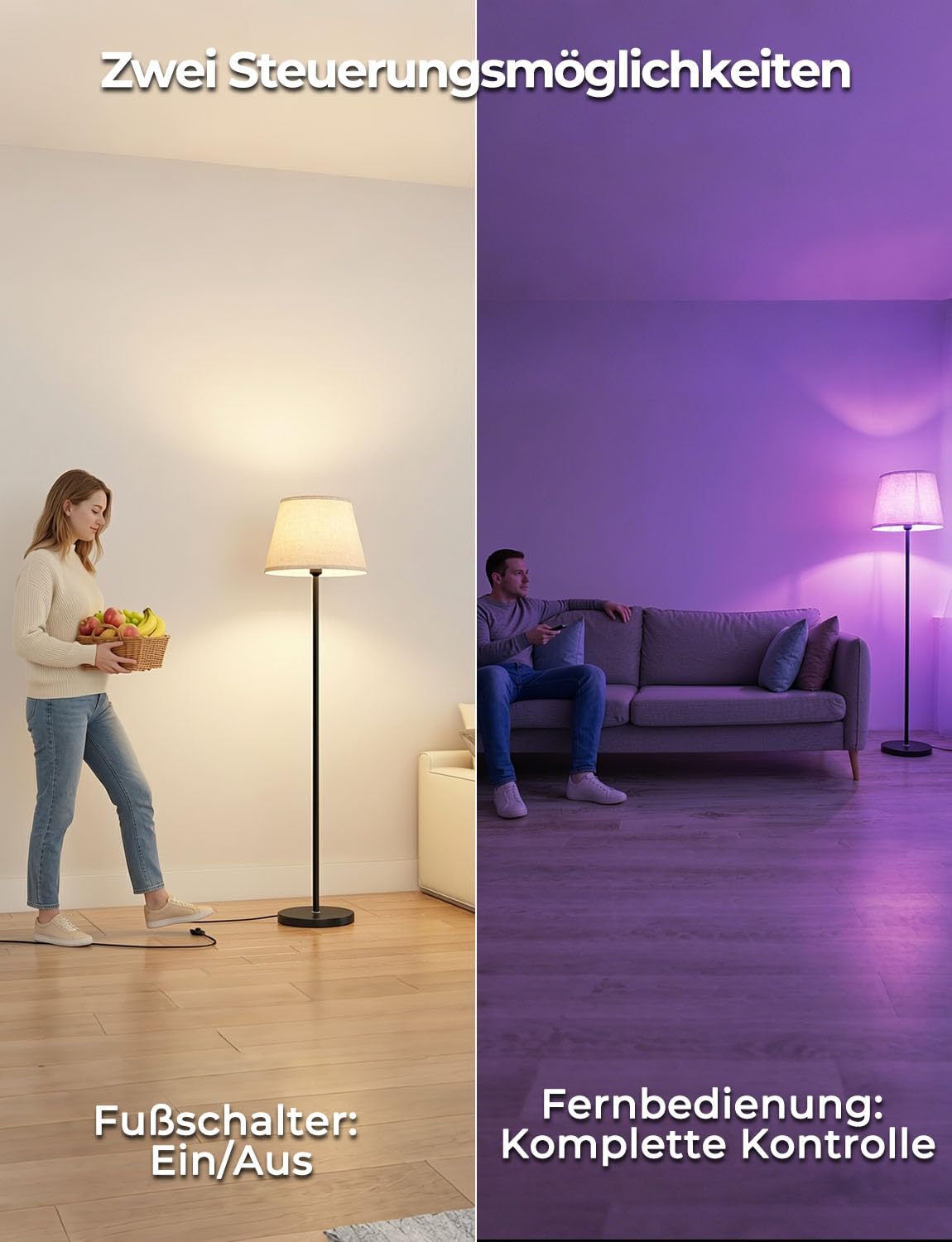 Stehlampe Wohnzimmer Dimmbar RGBDW mit Fernbedienung und Fußschalter, 9 Farben + 6 Dynamische Modi, 152cm Moderne Stehlampe mit 10W 1200LM LED Glühbirne, CRI92, Zeitschaltuhr, für Schlafzimmer & Büro