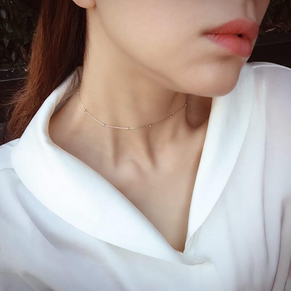 Amkaka Minimalist Sterling Silver Choker Necklace Thin Bead Ball Necklace - Image 3
