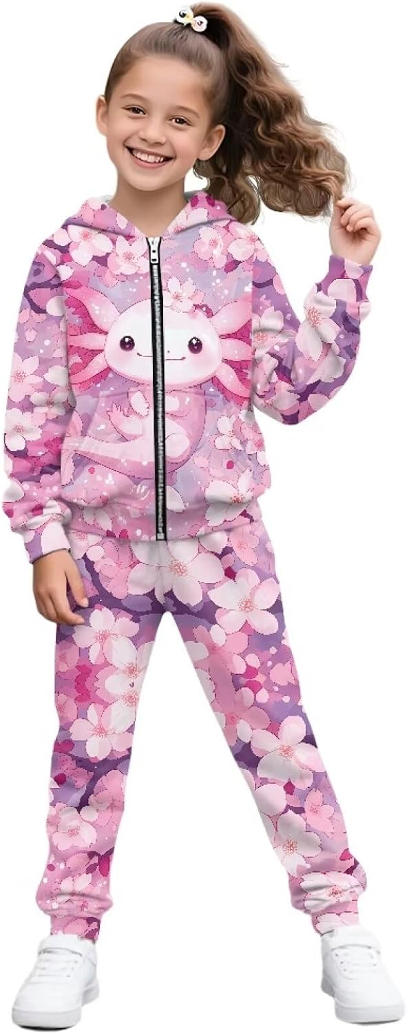 Girls 2 Piece Outfits Sweatsuit Zip Up Hoodie Sweatshirt and Sweatpant Tracksuit Soft Athletic Jogger Sets