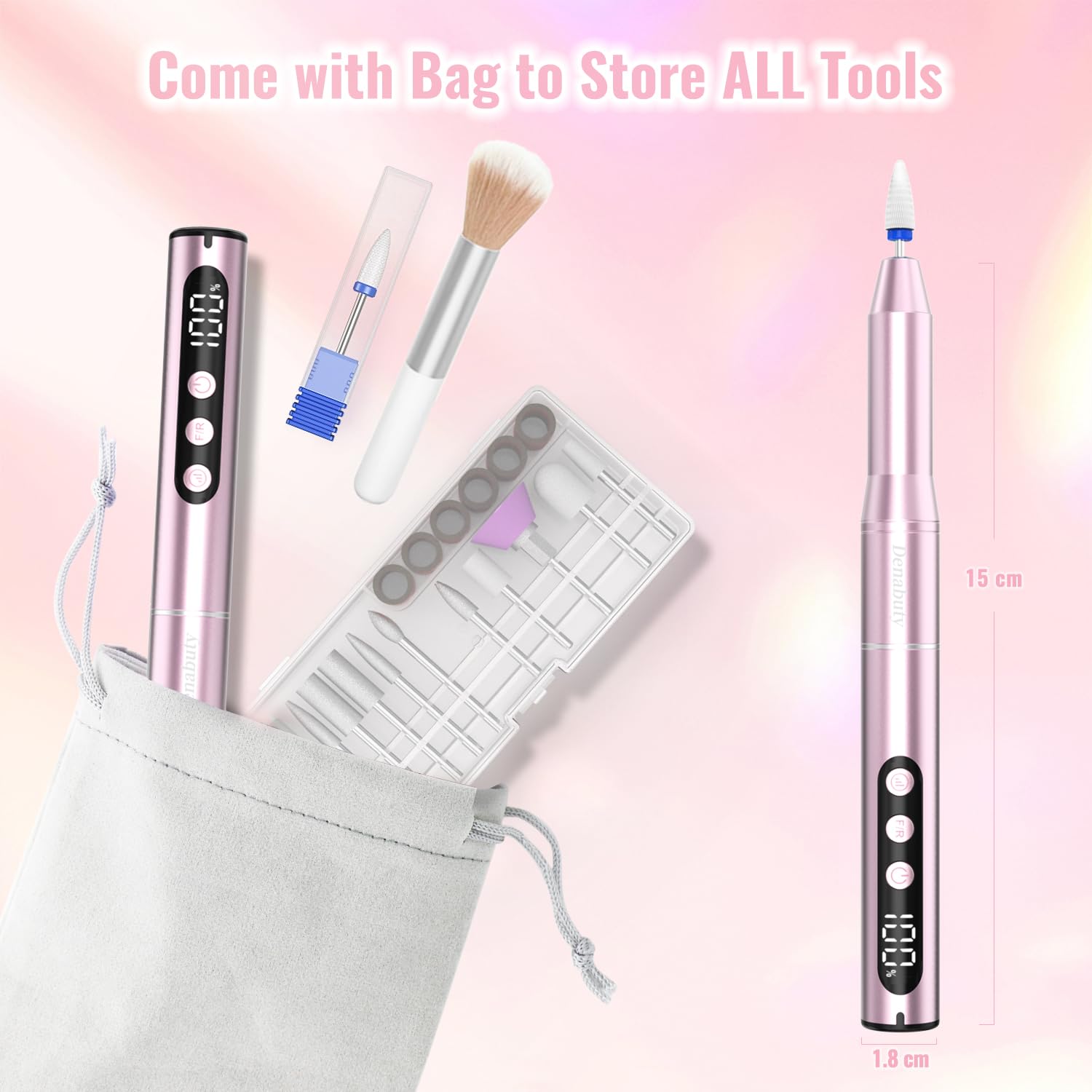 Nagelfräser Kabellos 35000 U/Min, Elektrische Nagelfeile 12 in 1 Fräser Nägel Professionell Nail Drill, Nagelfräser für Gelnägel, für Semi Permanent und Acrylnägel, Maniküre Pediküre Rosa