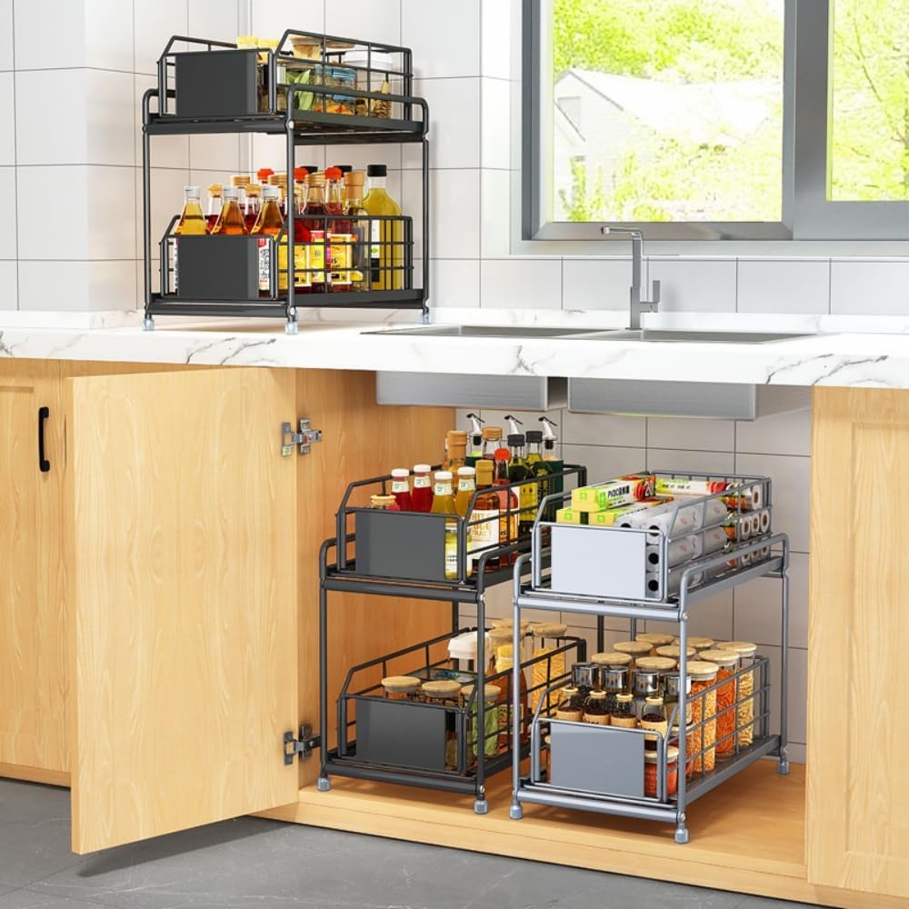 Under Sink Kitchen Storage Organizer, 2 Tier Sliding Cabinet Basket with Pull-Out Drawer, foldable Metal Under Sink Organizers for Bathroom, Pantry, Countertop, Rustproof Multi-Purpose Storage Bins
