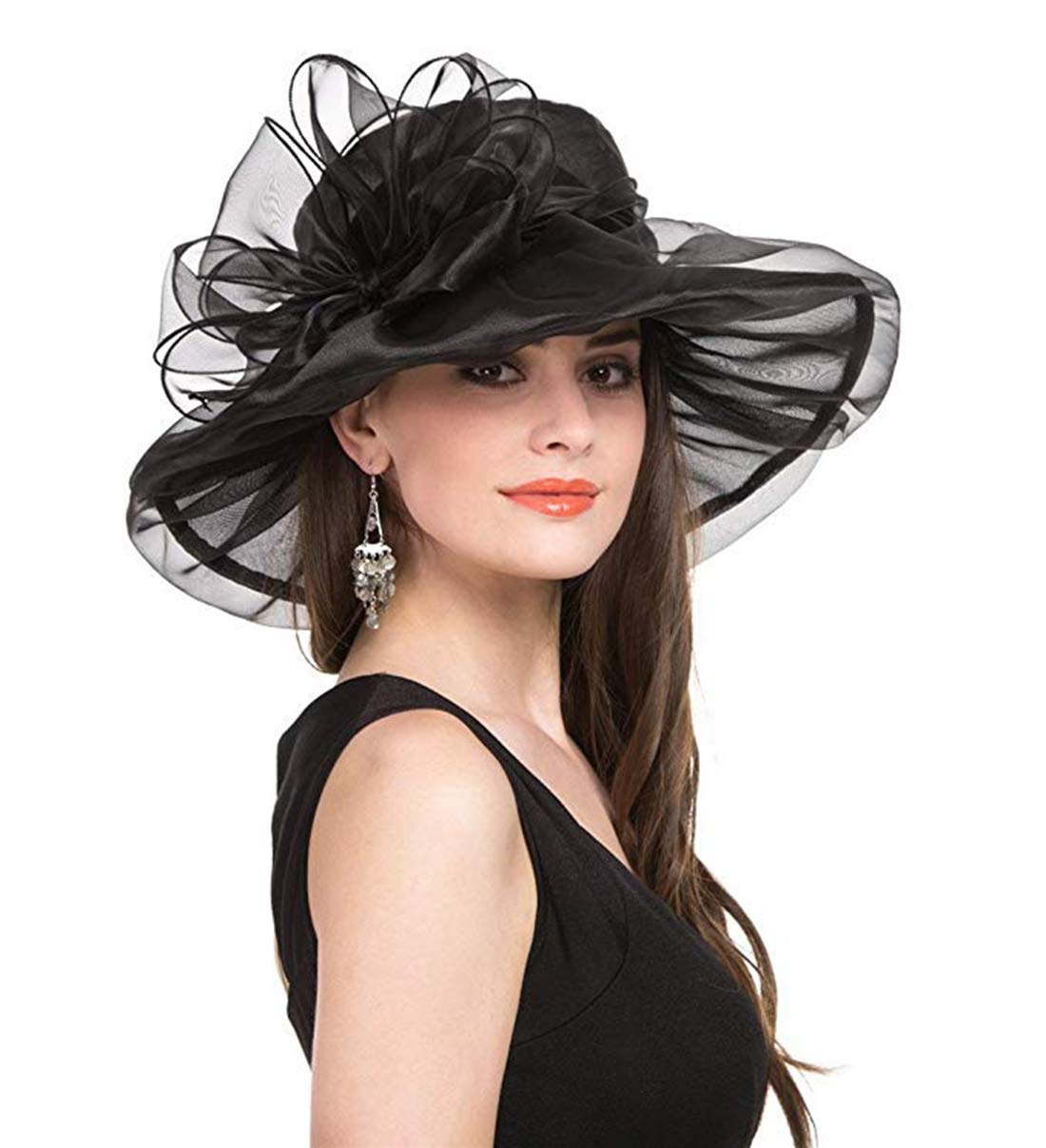 Yatemiole Women's Black Organza Church Wide Brim Tea Party Wedding Hat Derby Fascinator Cap Kentucky Wedding Hat - L