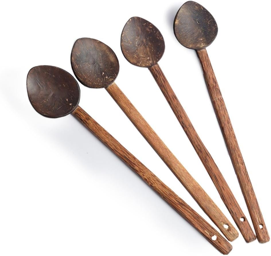 Thenga Coconut Shell Large Cooking Spoon Set | Eco-Friendly Handmade Wooden Kitchen Utensils for Non-Stick & Earthen Pots | Serving Ladle & Spatula โ Set of 4 by Rural Artisans