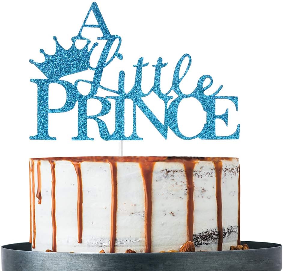 Blue Glitter A Little Prince Cake Topper - for Baby Boy Shower, Little Boy's Birthday Party Decorations
