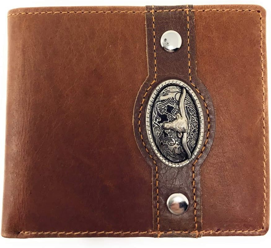 Texas West Western Genuine Leather Mens Metal Concho Longhorn Bifold Short Wallet 3 colors (Brown)