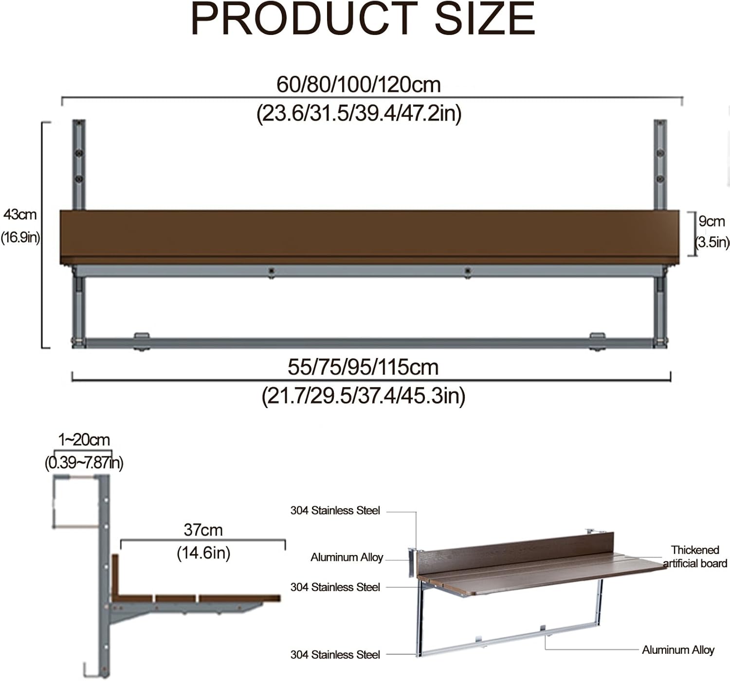 Adjustable Aluminum Folding Workbench - Space-Saving Balcony Hanging Table with 5 Heights for Desk, Office, Dining - Wall-Mounted Compact Desk Foldable for Small Spaces