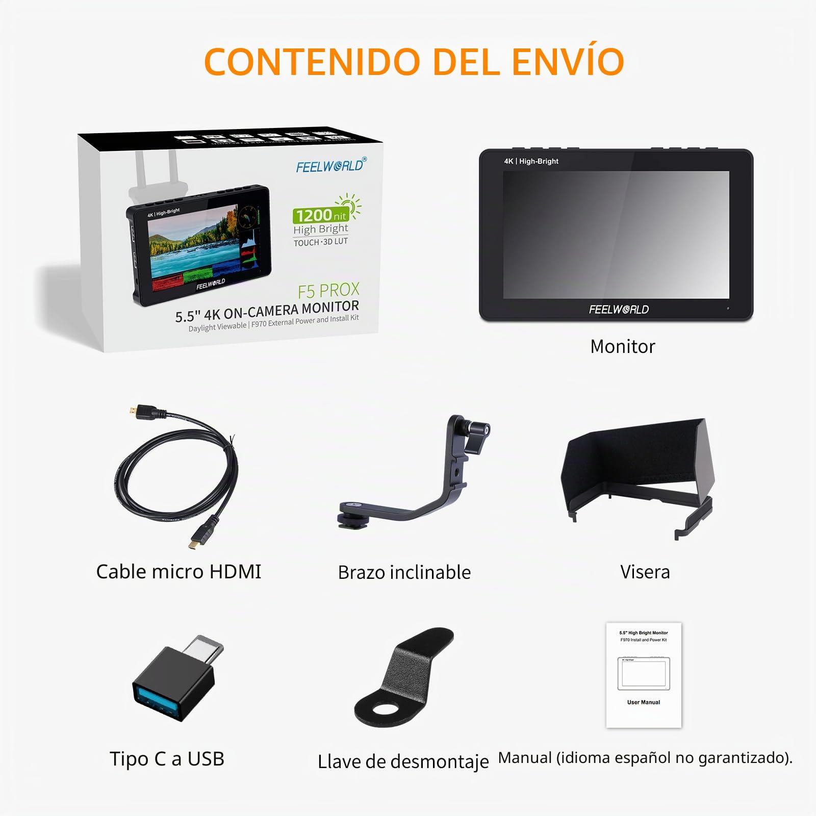 FEELWORLD F5PROX Monitor de Campo para Cámara Pantalla Táctil 3D LUT de 5,5 Pulgadas y 1600 nits 1920x1080 IPS 4K HDMI Monitor de Cámara DSLR F970 Kit de Montaje Externo | 4K HDMI In Out, 3D LUT, HDR Waveform Histogramm Focus Assist, for Professional Vide