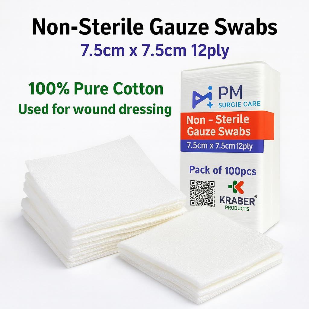 Absorbent Gauze Swabs 7.5 × 7.5 cm – Non-Sterile Cotton Gauze Pads, 12-Ply, High Absorbency Wound Dressing for First Aid & Medical Use (Pack of 100)(1) — Amazon image 4