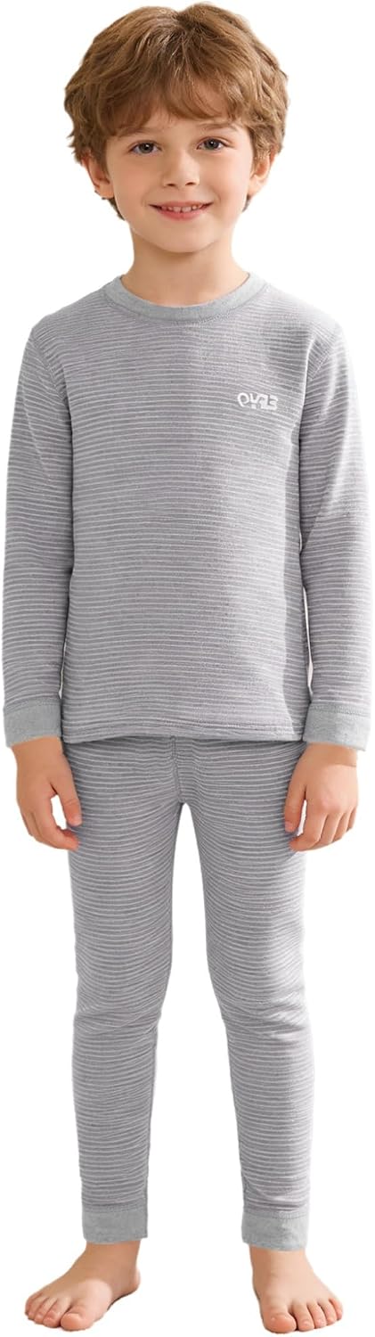 Kids Boys Girls Thermal Underwear Set 2pcs Stripe Base Layer Outfits Long Sleeve Top with Leggings Pants