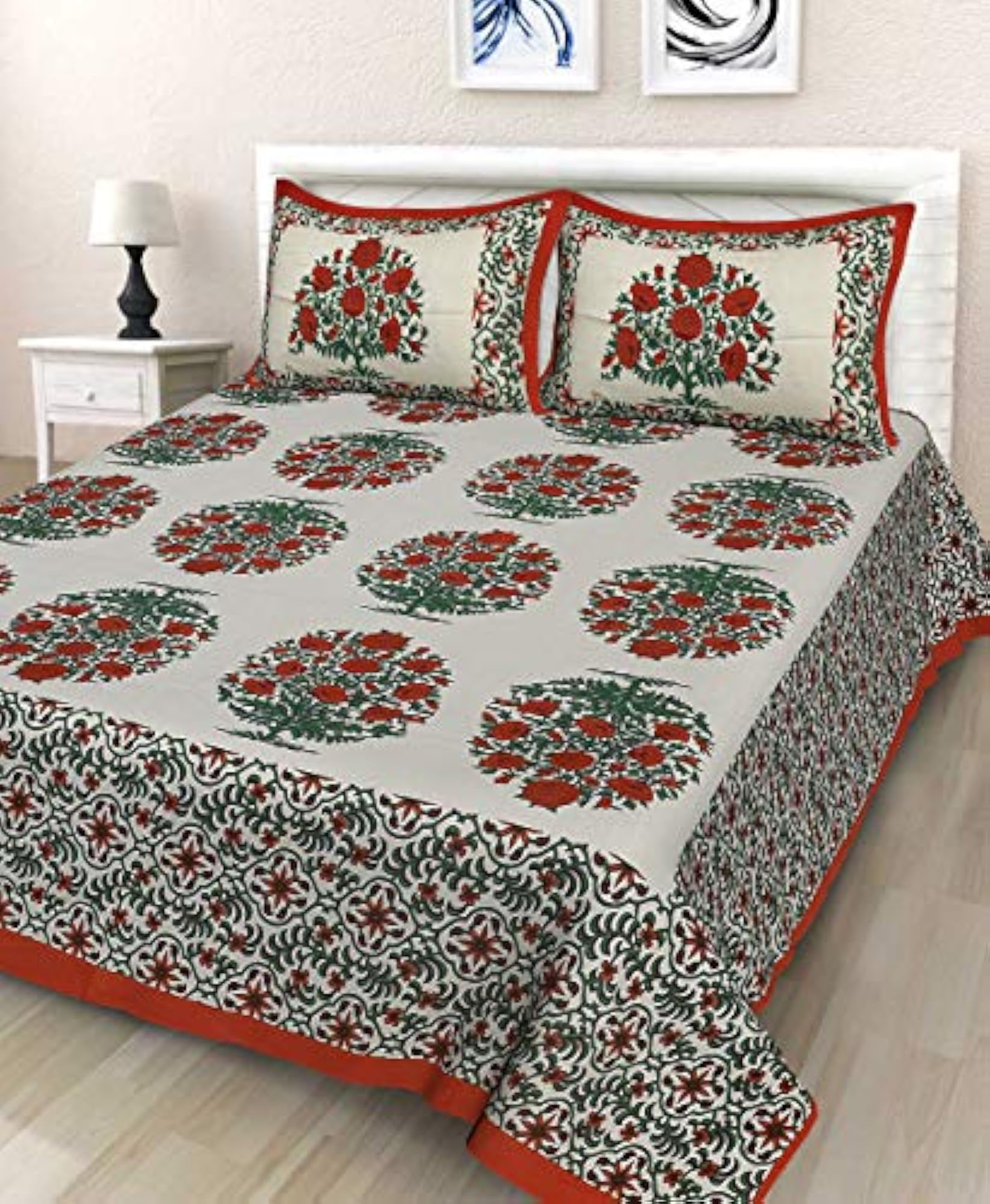Double Bedsheet Set with 2 Pillow Covers, Jaipuri Traditional Red Green