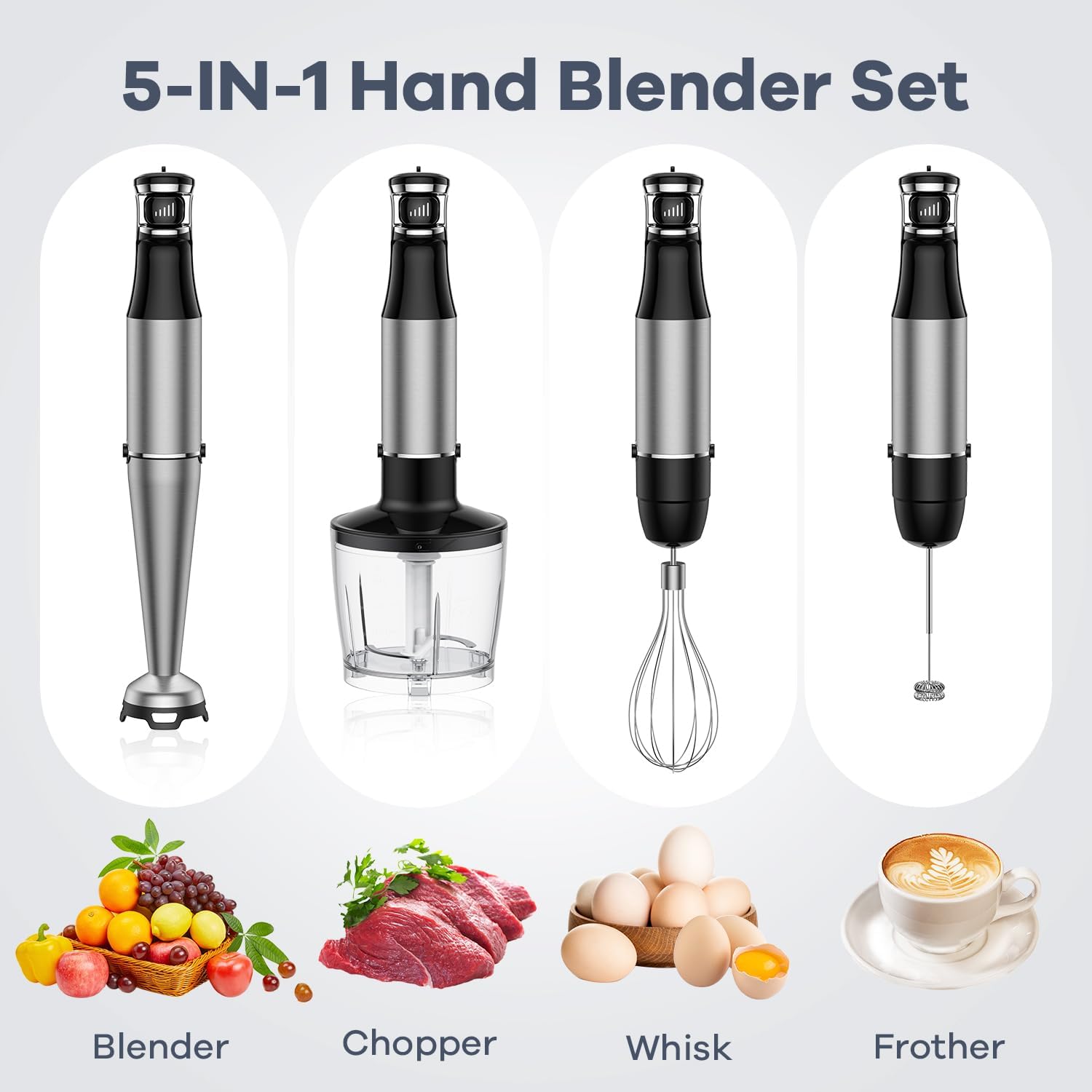 ZJTMJN Hand Blender 5 in 1 Immersion Blender 800W Electric, Variable Speed, Dough Blade, Storage Bag, Juice Container, Whisk Attachment, Pour Spout, Blending, Mixing, Chopping, Pureeing, Emulsifying