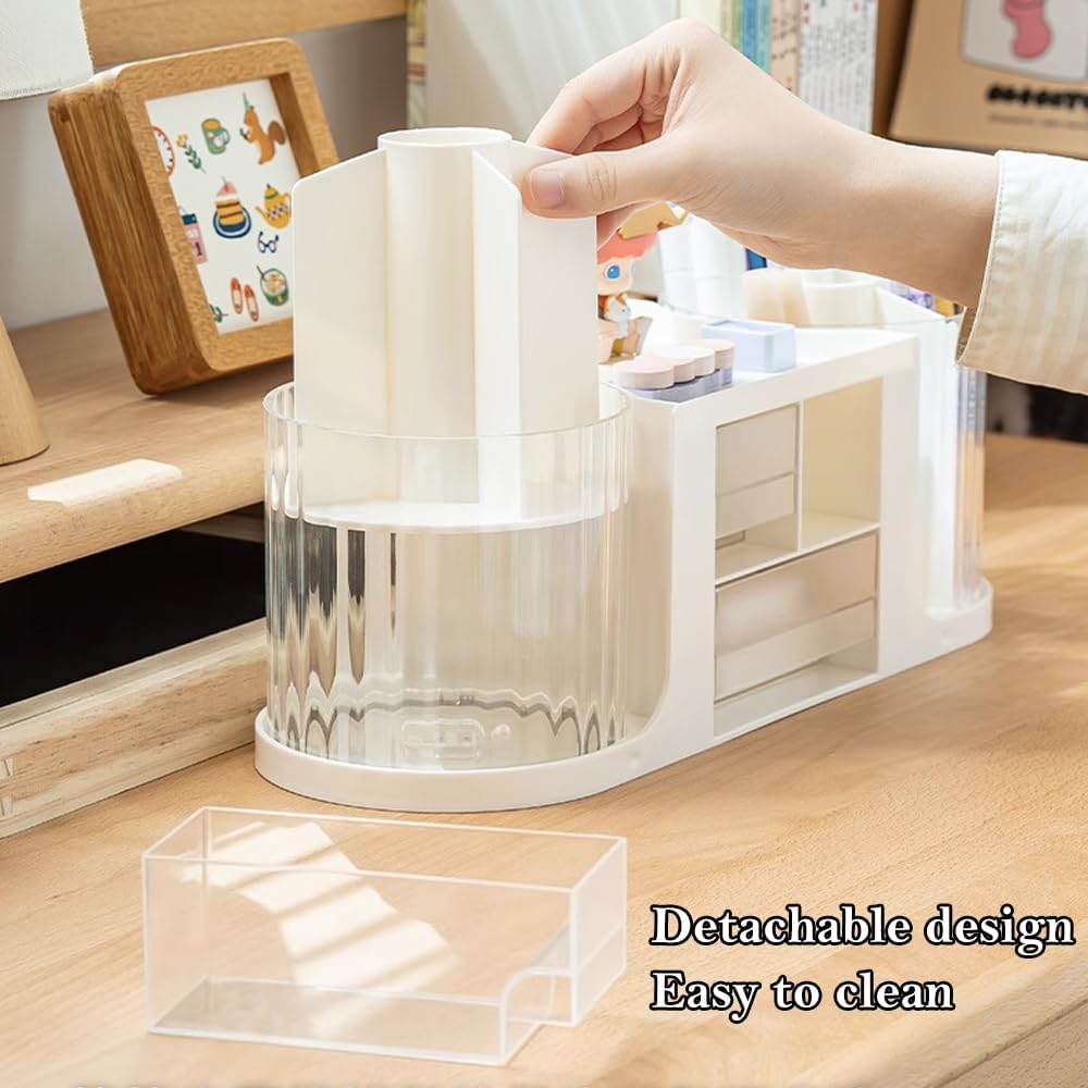 NUODWELL Double Rotating Desk Organiser with 3 Drawer, Desk Tidy Organiser with Pencil Holder, Large Capacity Desktop Stationary Storage Box for Office Home Art Supplies (White) 7 61SyLeW0vNL. AC SL1000