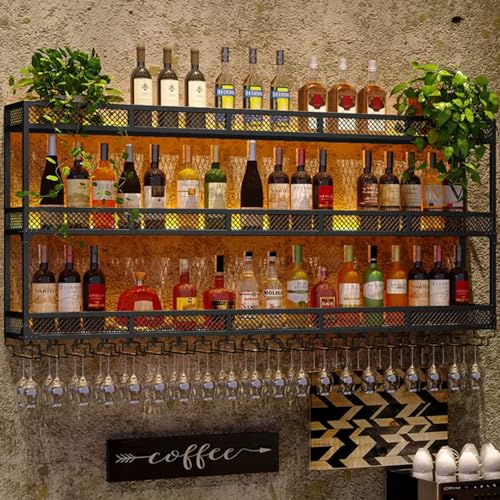 RCSTYNUK Estante de Vino de Metal de 3 Capas para Montar en la Pared con Soporte para Copas y luz LED, Ideal para el hogar, Bar, Comedor, Cocina.