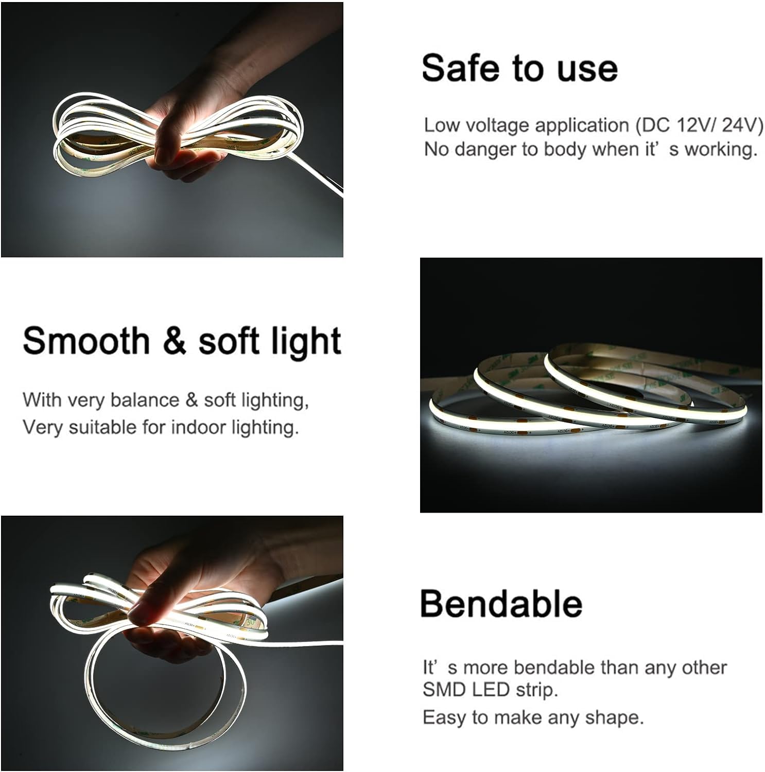 TUNICHX COB LED Strip Light DC 24V LED Strip Light Flexible Super Bright LED Strips,32.8ft 6500K White,CRI 80+,3200LEDs High Density Uniform Light for Bedroom Home Decor (No Adapter or Controller)