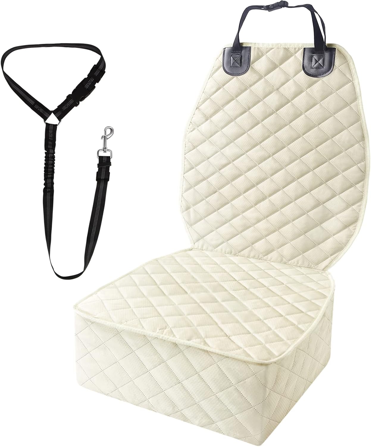 FOKICOS Dog Front Seat Cover Car Oxford with Leash Waterproof Anti-Slip Against Fur Dirt for Most Cars SUVs MPVs (Beige)