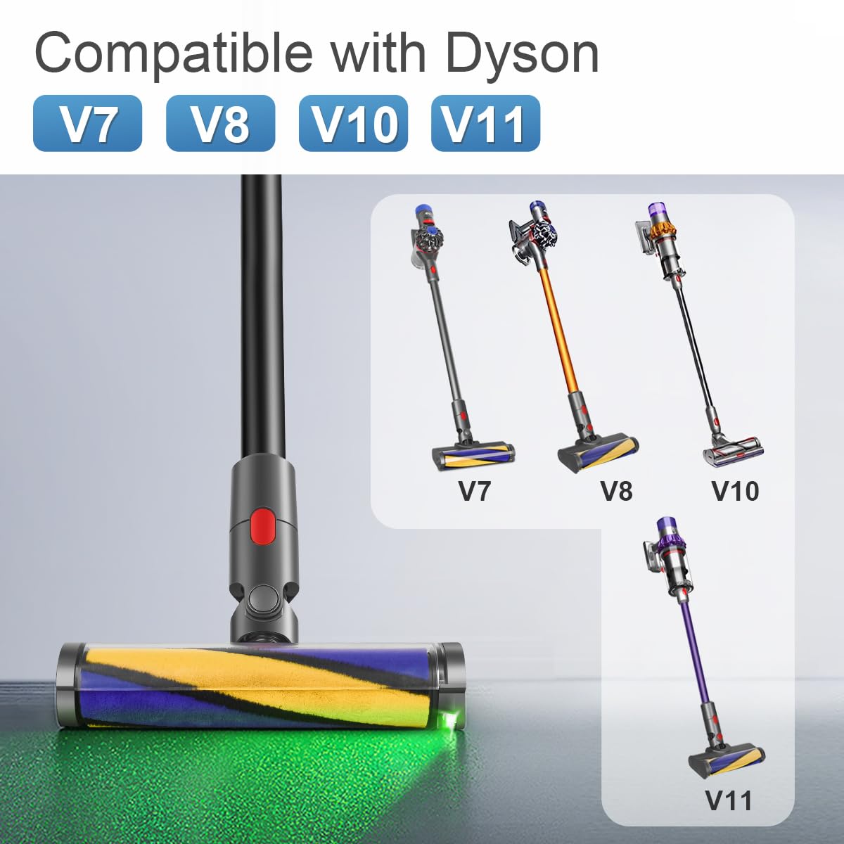 Brosse pour Dyson V10 V11 V7 V8 | Tête de Brosse à Rouleau, Lumières LED, Révèle la Poussière Invisible, Adaptée aux Planchers Durs