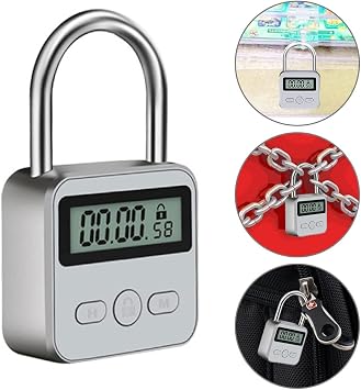 Metal Timer Lock, LCD Display Multi-Function Electronic Timer Lock, 99 Hours Max Timing, USB Rechargeable Timer Padlock (Silver)