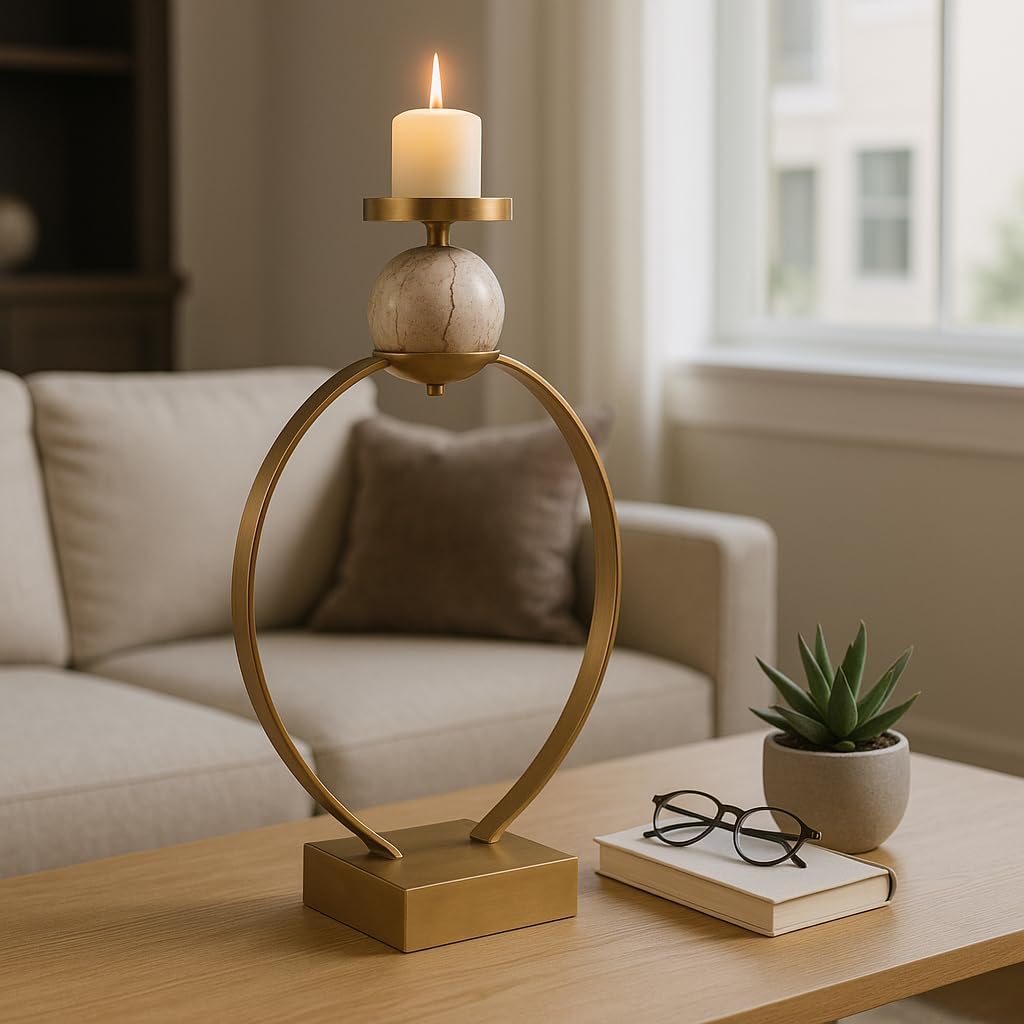 Sculptural Candle Holder with Marble Sphere Accent - Elegant Pillar Candlestick Holder for Table Centerpiece or Entryway Table Decor - Decorative Home Decor Accent for Living Room Styling - 21" Gold