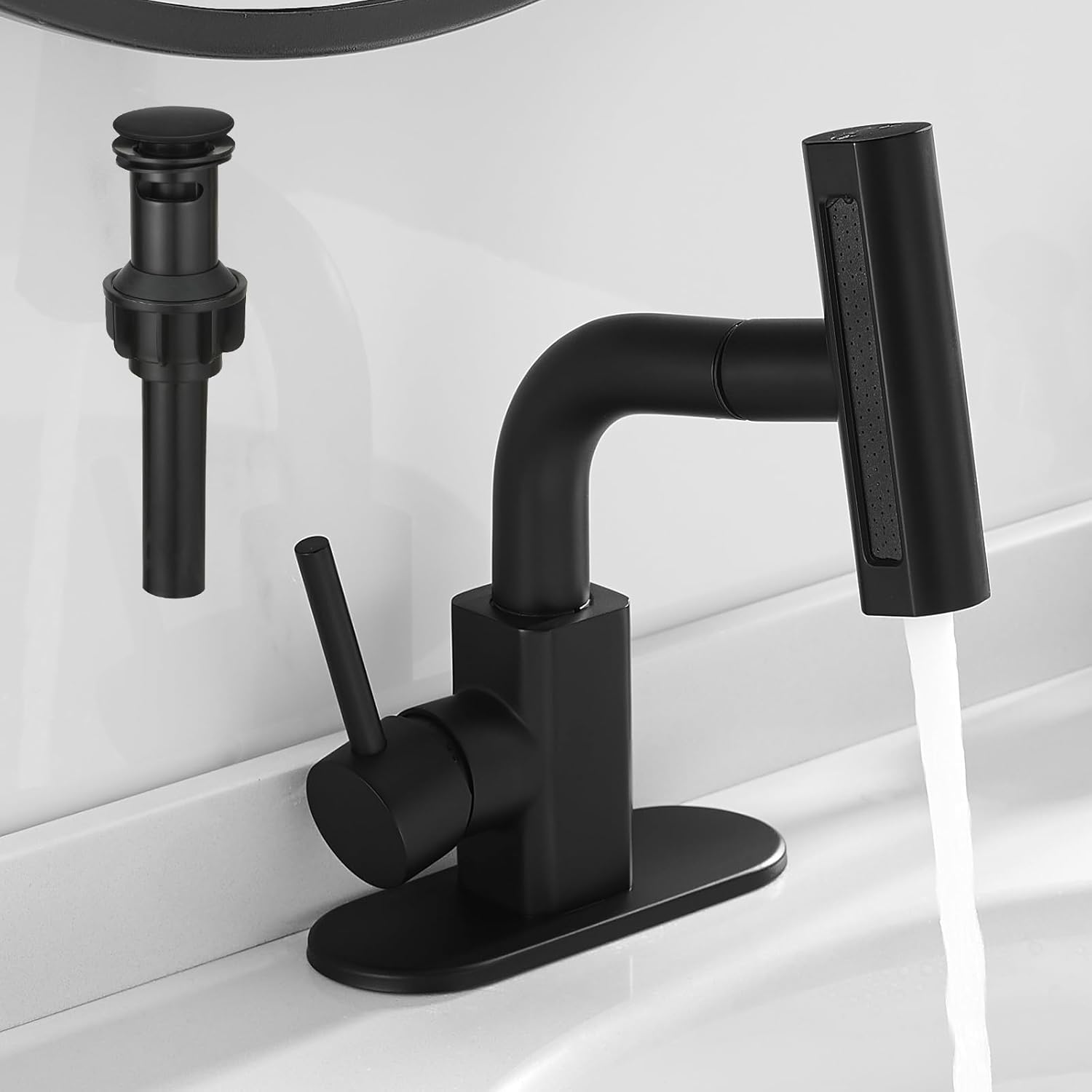 RUMOSE Matte Black Bathroom Faucets with 4 Mode Pull Down Sprayer Single Handle Waterfall 360°Rotatable Bath Sink Faucet with Pop Up Drain 1 or 3 Hole Pull Out Bar Vanity Faucet with Deck Plate