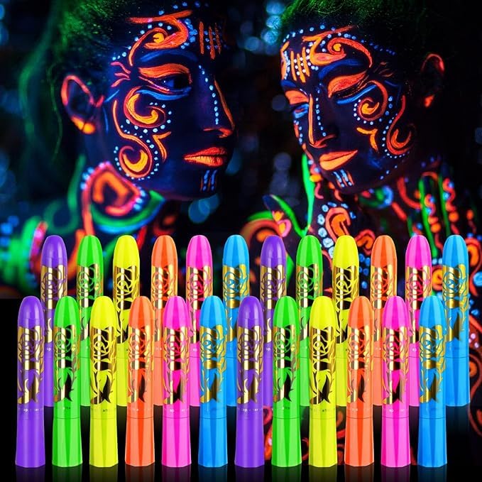 24 Pcs Glow in The Light Body Face Paint, Glow in The Dark Face Body Paint Glow Sticks Makeup Face Painting Kits for Adult, Neon Face Paint Crayons for Halloween and Parties Glow Party Supplies