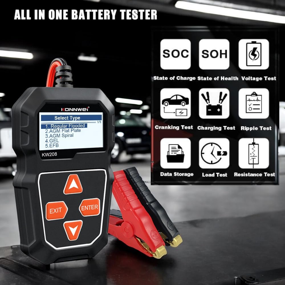 KONNWEI KW208 Car Battery Tester 12V,100-200 CCA Load Analyzer and Alternador Diagnostic Tool, Professional Battery Health Check for Cars and Trucks