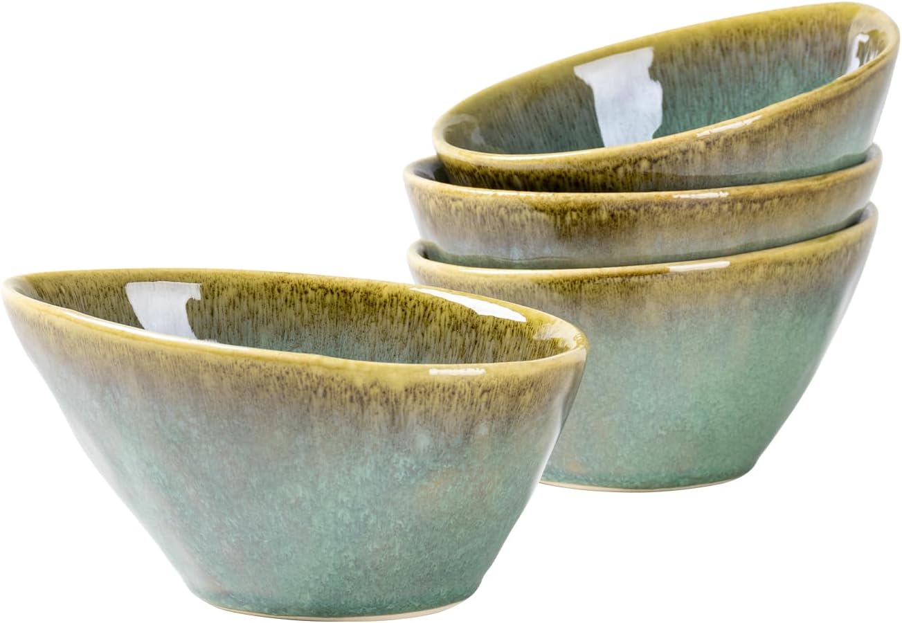 Henten Home Ceramic 20 oz Salad Bowls Set, Slanted Snack Bowl Set of 4, Porcelain Serving Bowls for Soup, Dessert, Microwave & Dishwasher Safe, Reactive Glaze (Green)