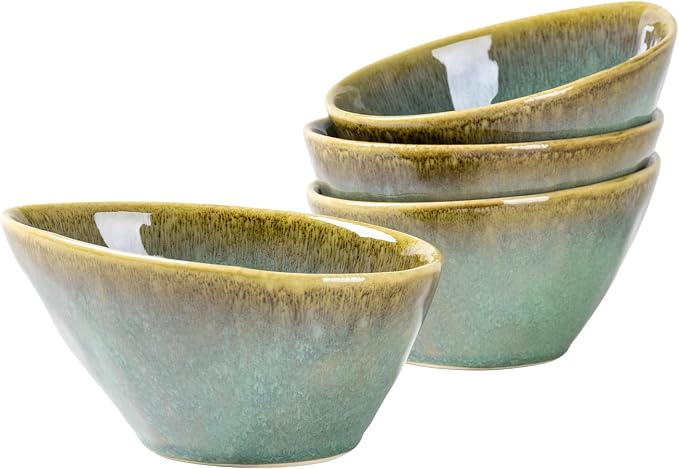 Henten Home Ceramic Salad Bowls, Angled Fruits Bowls Set of 4, 20 oz Porcelain Cereal Bowls, Oatmeal Bowl Set for Kitchen, Serving Stoneware Bowls Set, Reactive Glaze (Green)