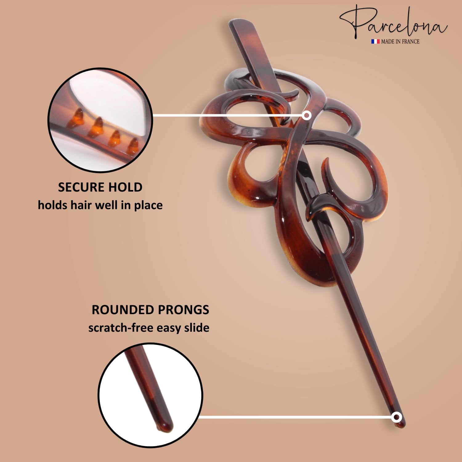 Parcelona French Wide Flower Tortoise Shell Brown Bun or Ponytail Bun Holder Hair Slider Pin Thru Clip with Stick - Image 3