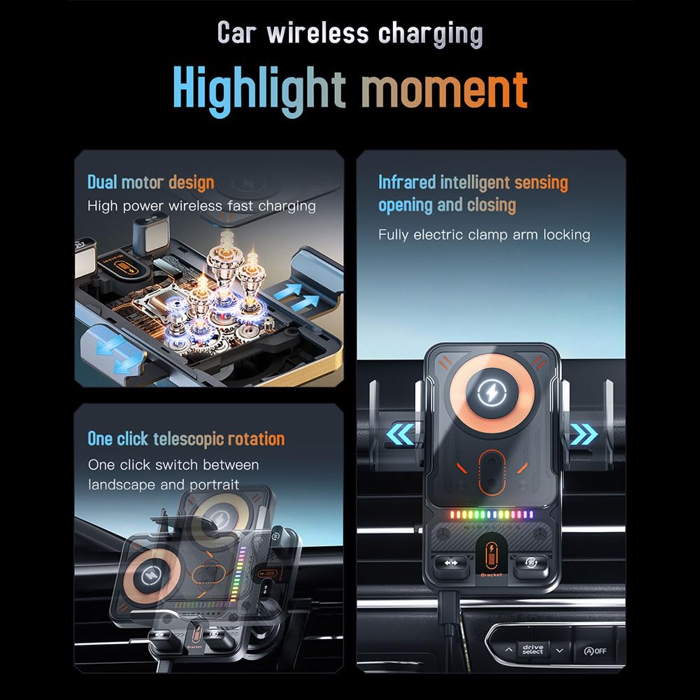 Cargador inalámbrico de coche de 15 W y soporte para teléfono, soporte de cargador de coche inalámbrico, sujeción automática, instalación de salida de aire (negro)