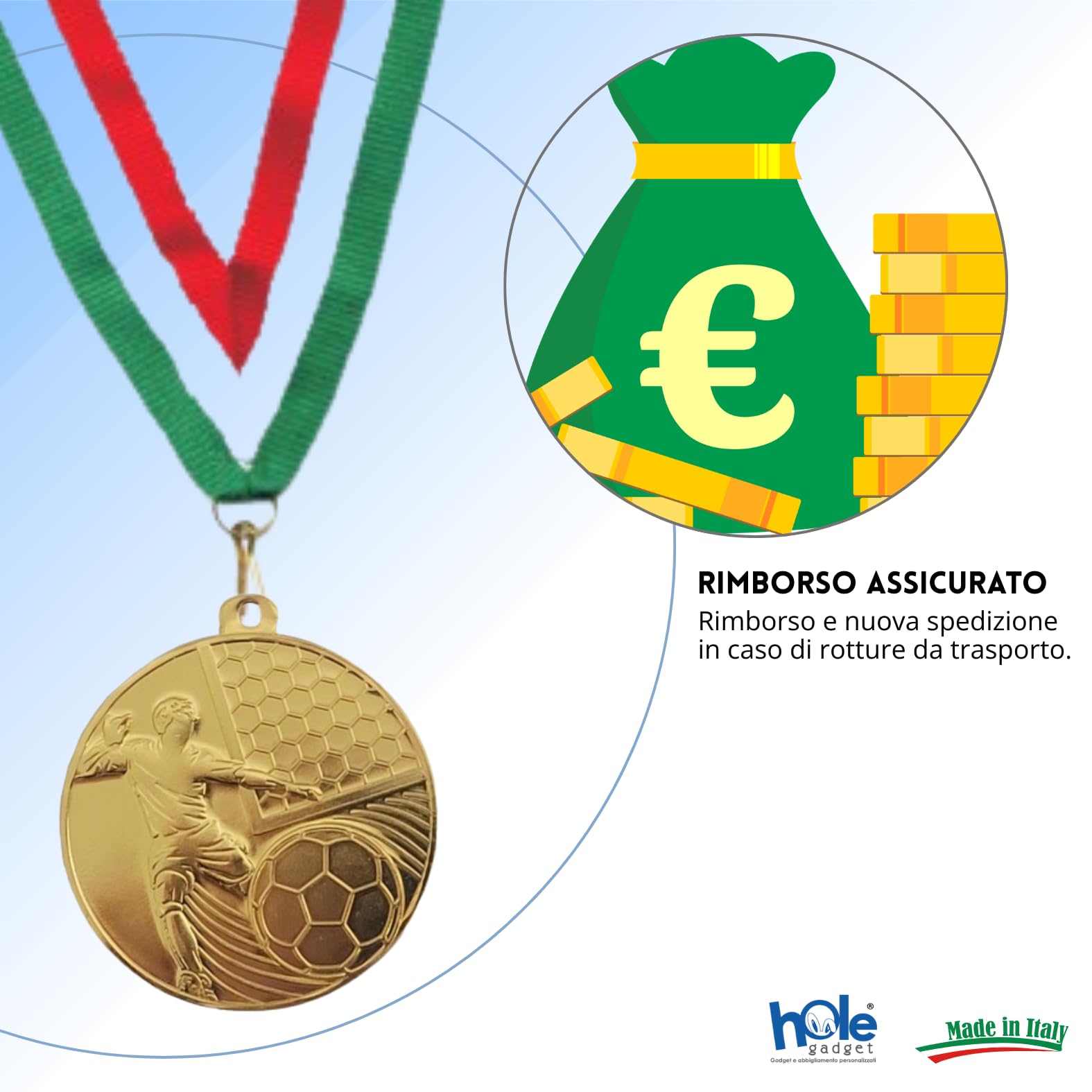 Medaglie Premiazioni Calcio e Calcetto Personalizzate Vittoria Sportive da 5 cm con Laccetto Personalizzabili in Metallo con Stampa Personalizzata, Sport cod. 23.07.50.20G