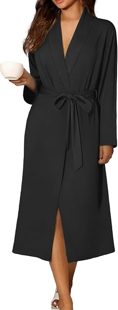 Ekouaer Women Kimono Robes Full Length Knit Bathrobe Lightweight Soft Sleepwear V-neck Casual Ladies Loungewear S-XXL